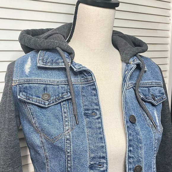 Hollister Blue Grey Distressed Hooded Denim Jean Jacket Size S Small - Picture 9 of 14